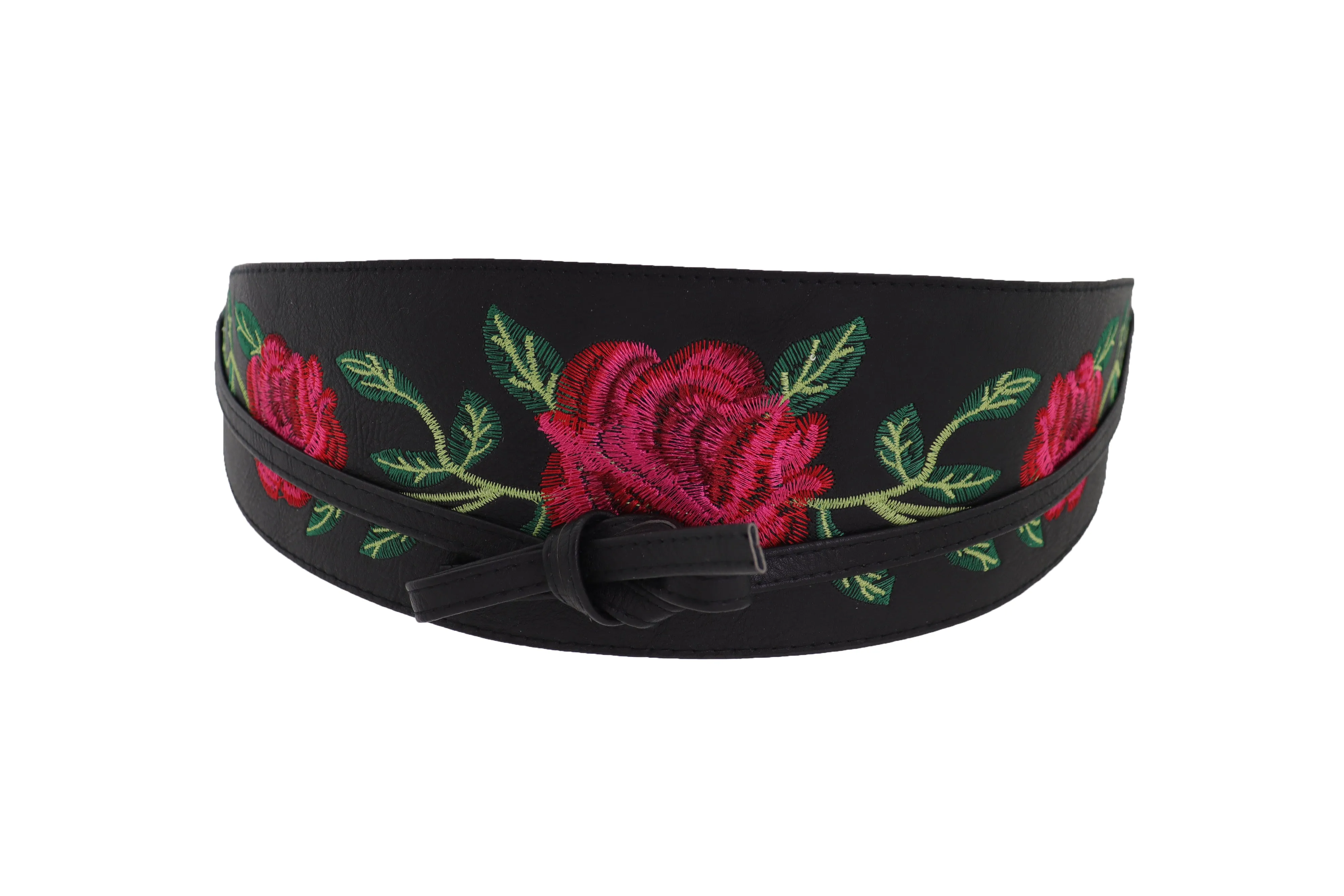 Black Faux Leather with Red Flowers Obi Belt