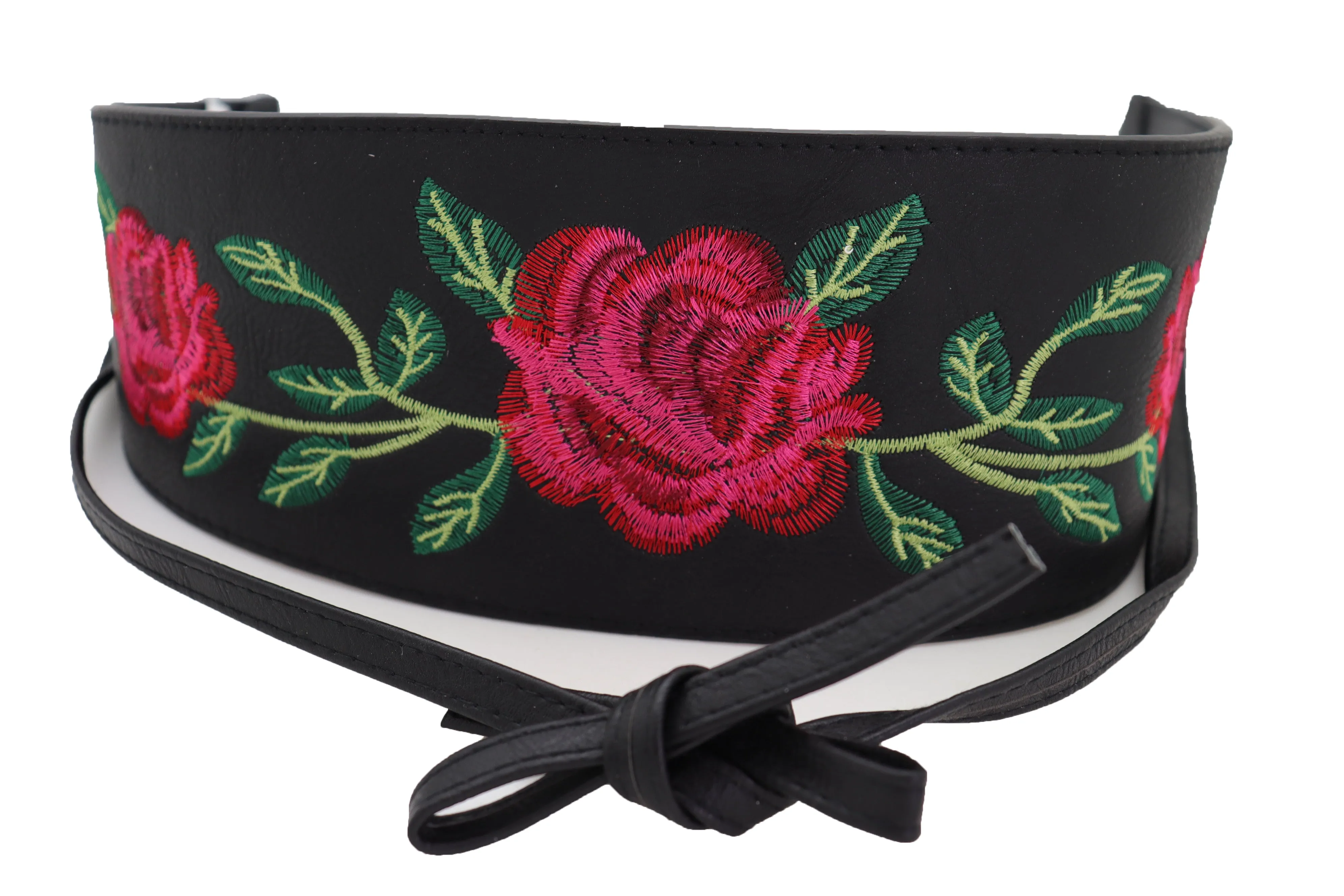 Black Faux Leather with Red Flowers Obi Belt
