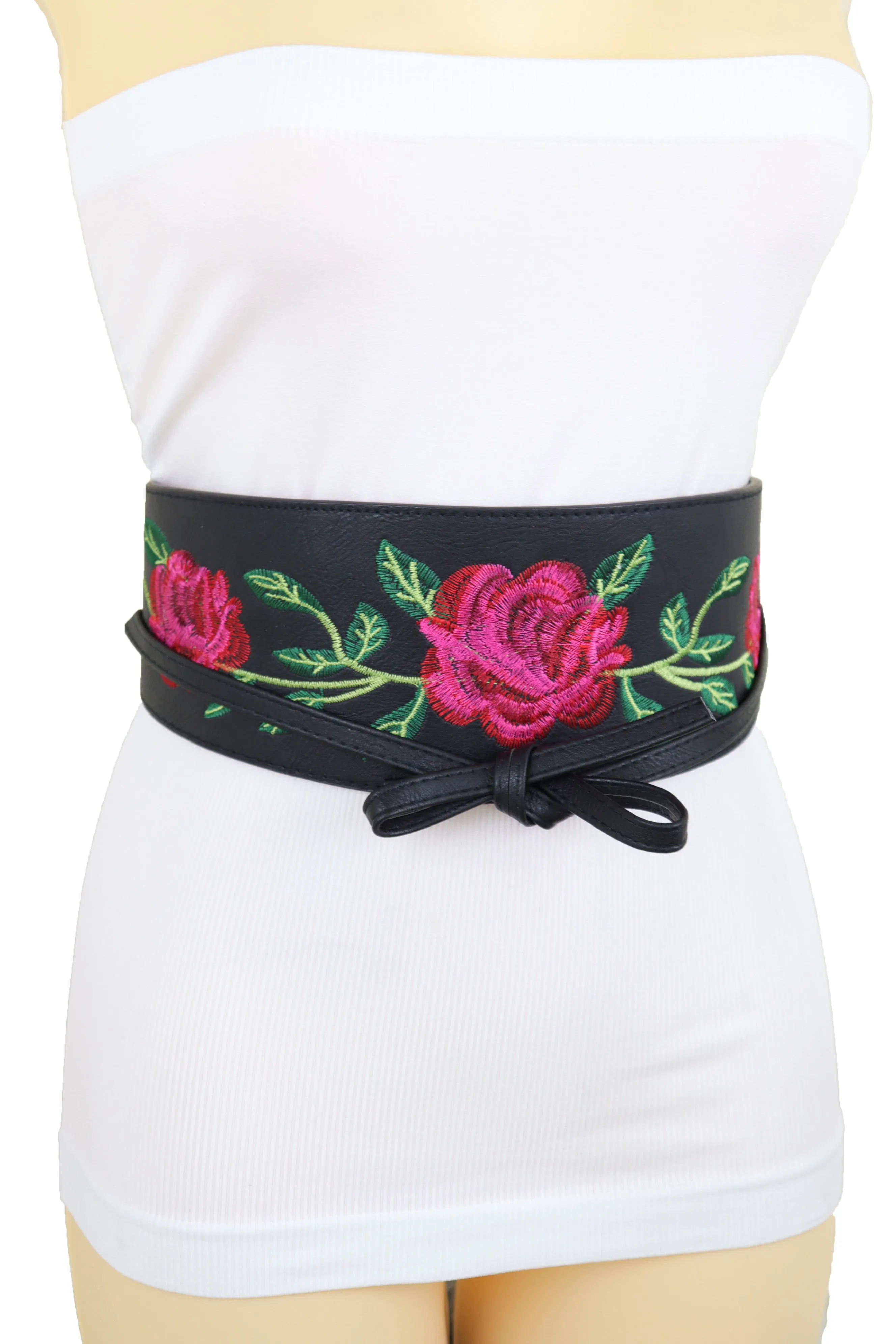 Black Faux Leather with Red Flowers Obi Belt