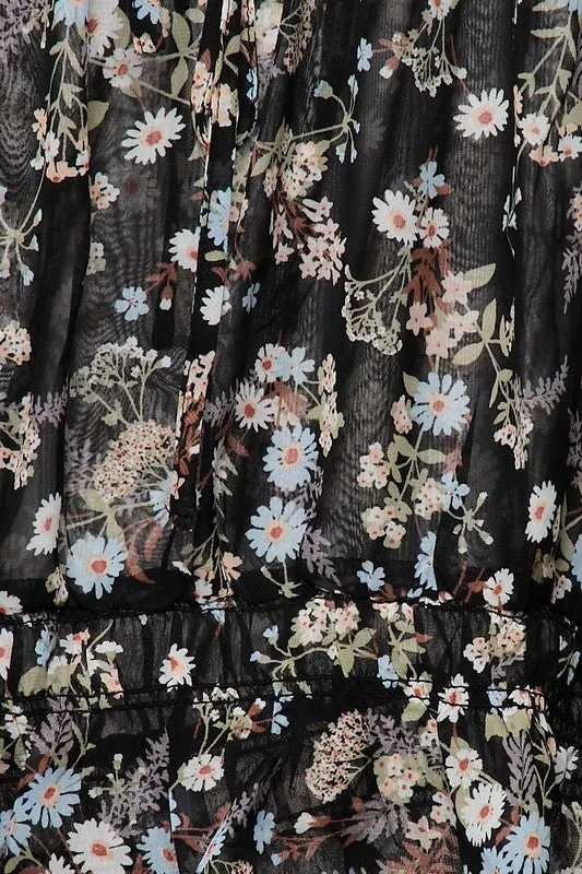 Black Floral Print Peplum Top