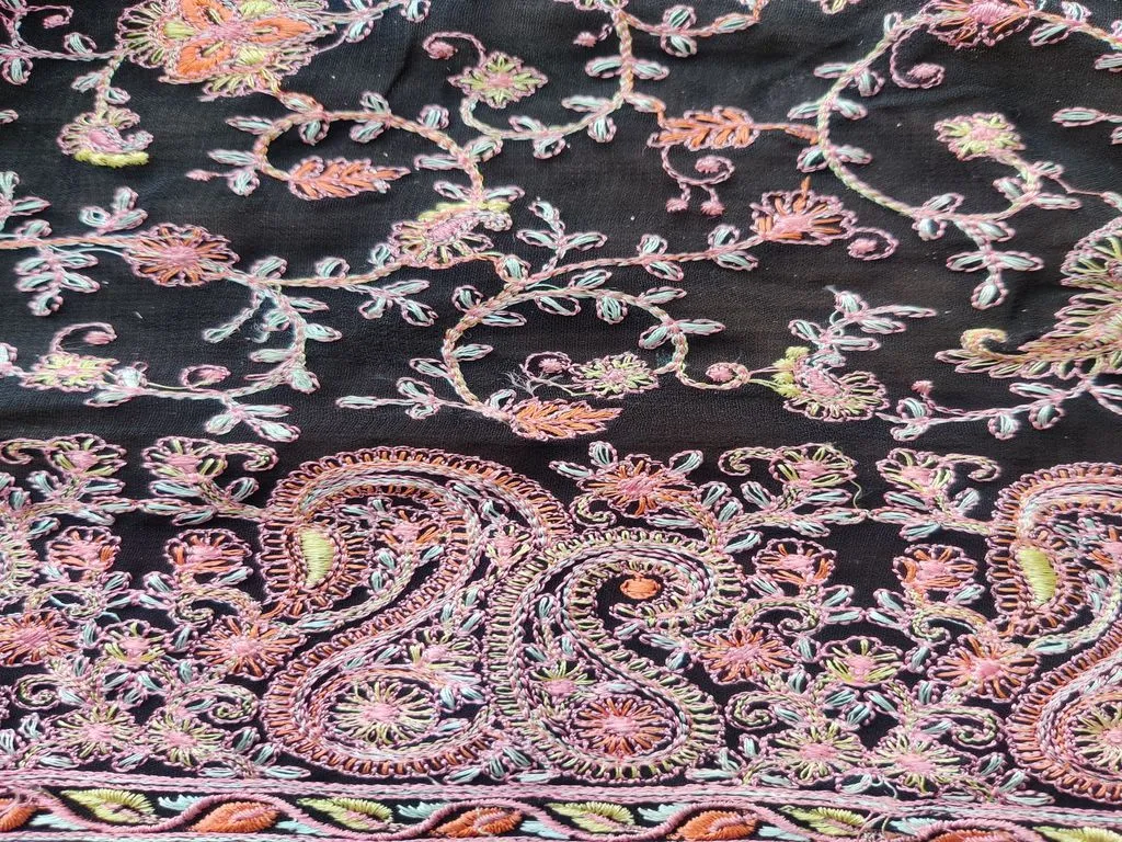 Black Flowers Heavy Embroidered Kashmiri Work Georgette Fabric