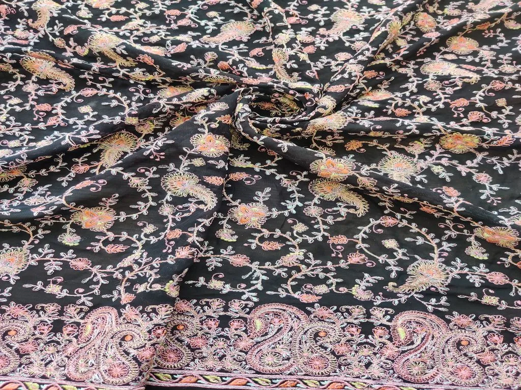 Black Flowers Heavy Embroidered Kashmiri Work Georgette Fabric