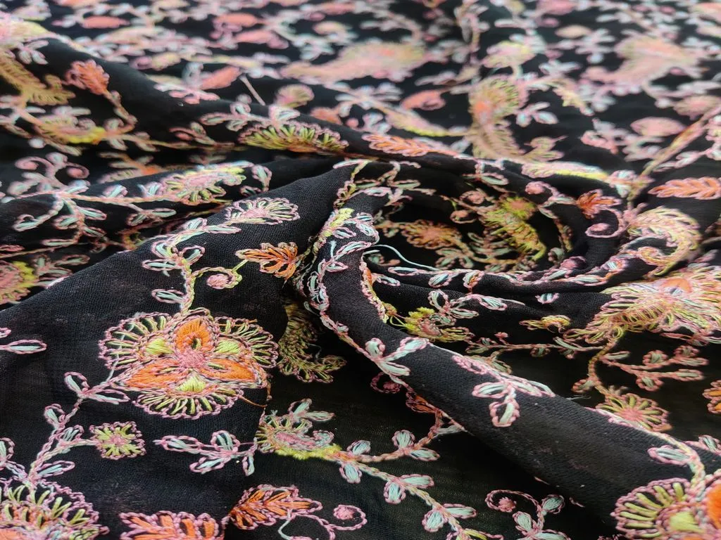Black Flowers Heavy Embroidered Kashmiri Work Georgette Fabric