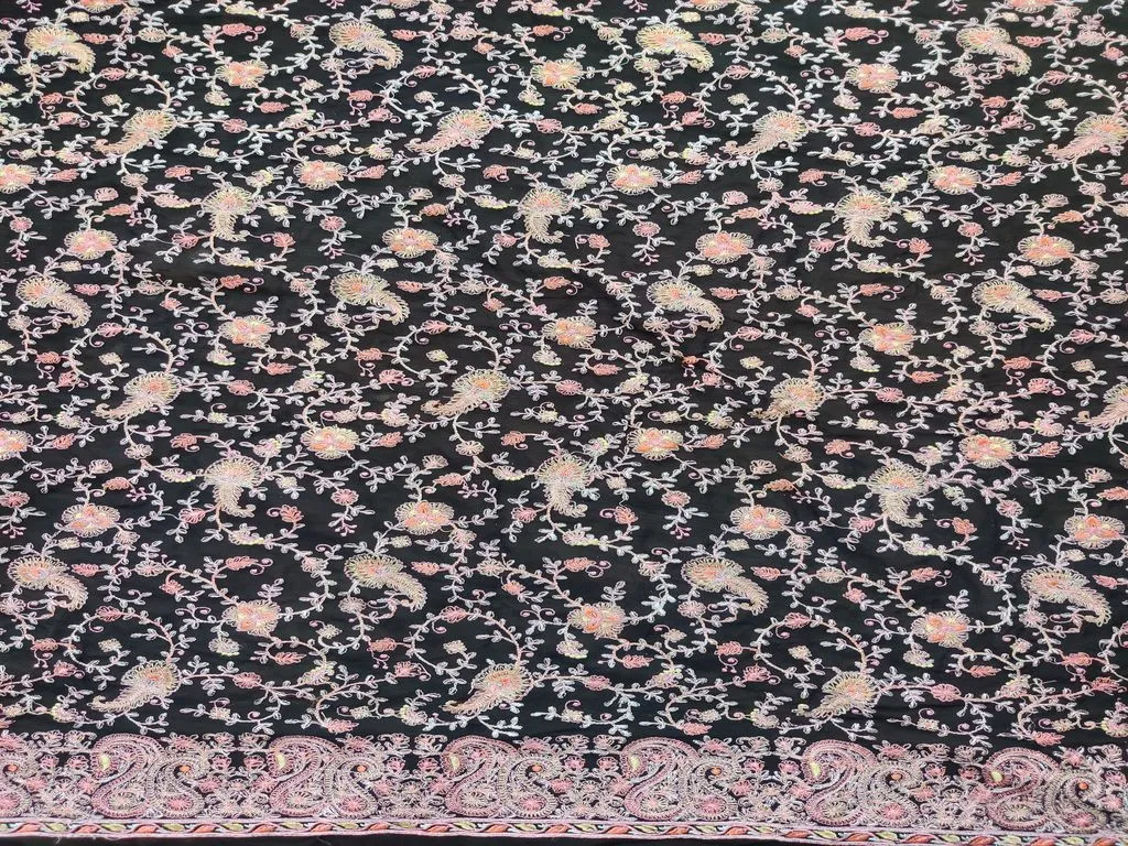 Black Flowers Heavy Embroidered Kashmiri Work Georgette Fabric