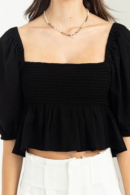 Black Good Vibes Smocked Peplum Top