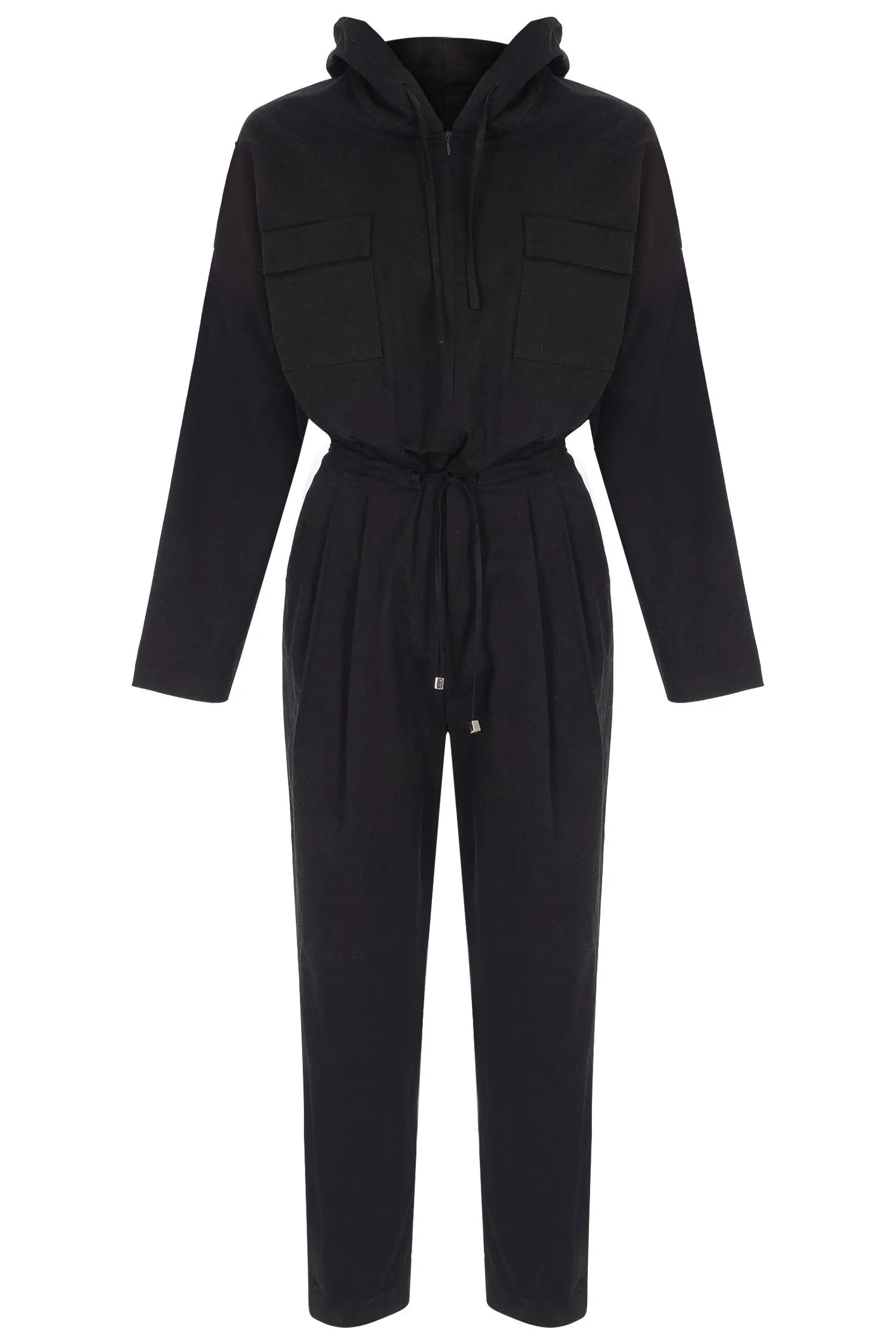 black hooded canvas jumpsuit