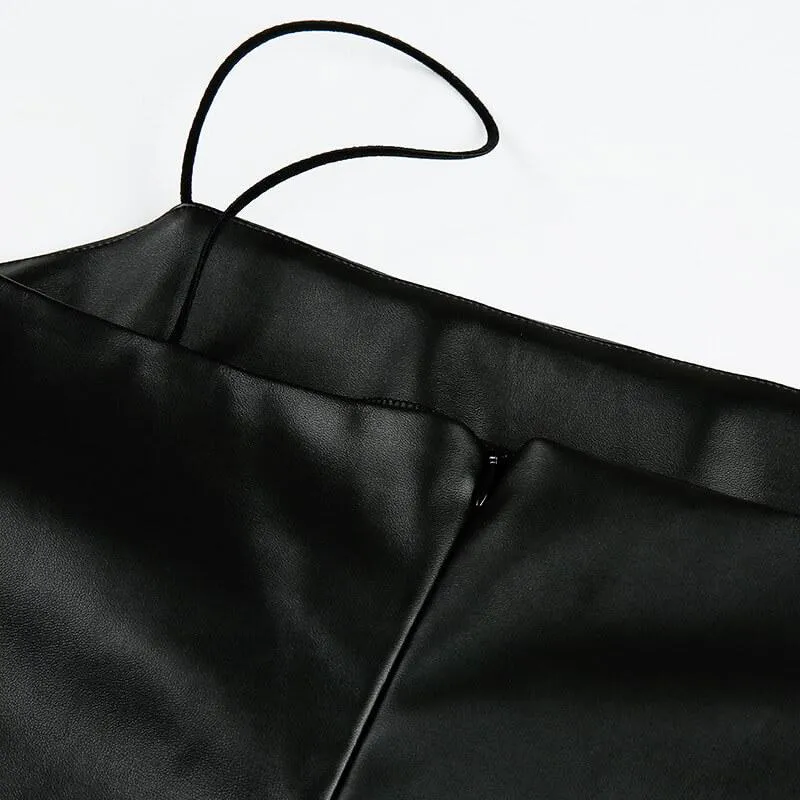Black Leather Spaghetti Strap Bodycon Knee Length Dress