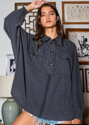 Black Oversized Texture Knit Henley Top