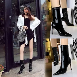 Black Patent Leather Point Toe High Heel Calf Boots