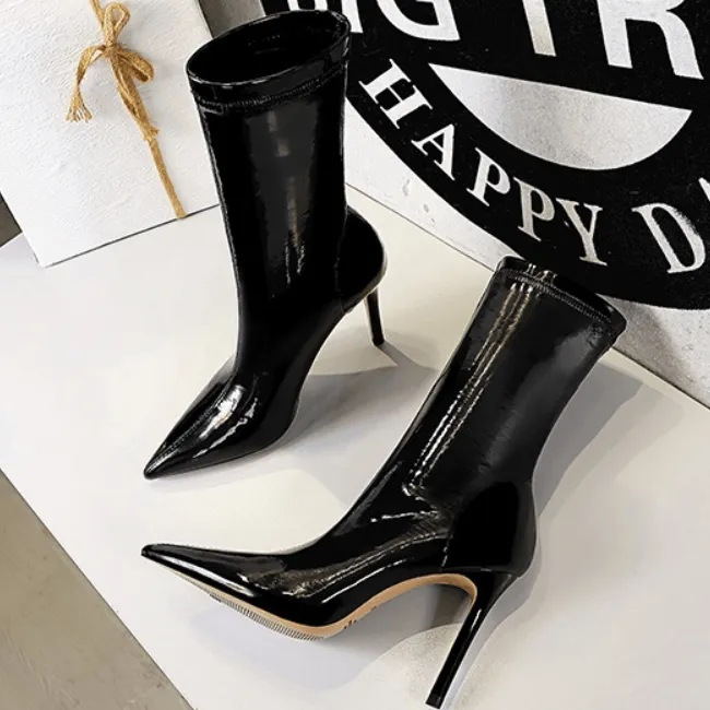 Black Patent Leather Point Toe High Heel Calf Boots