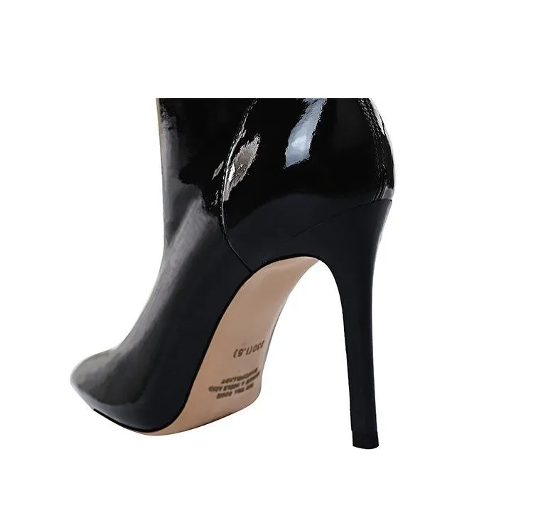 Black Patent Leather Point Toe High Heel Calf Boots