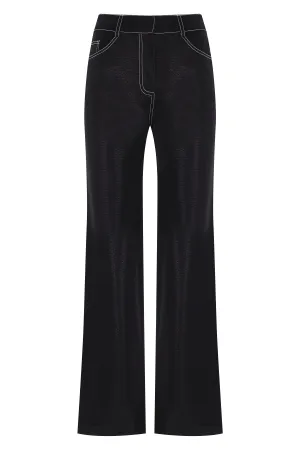 BLACK PATTERNED VEGAN LEATHER STITCH DETAILED PANT WITH SLIT DETAILED