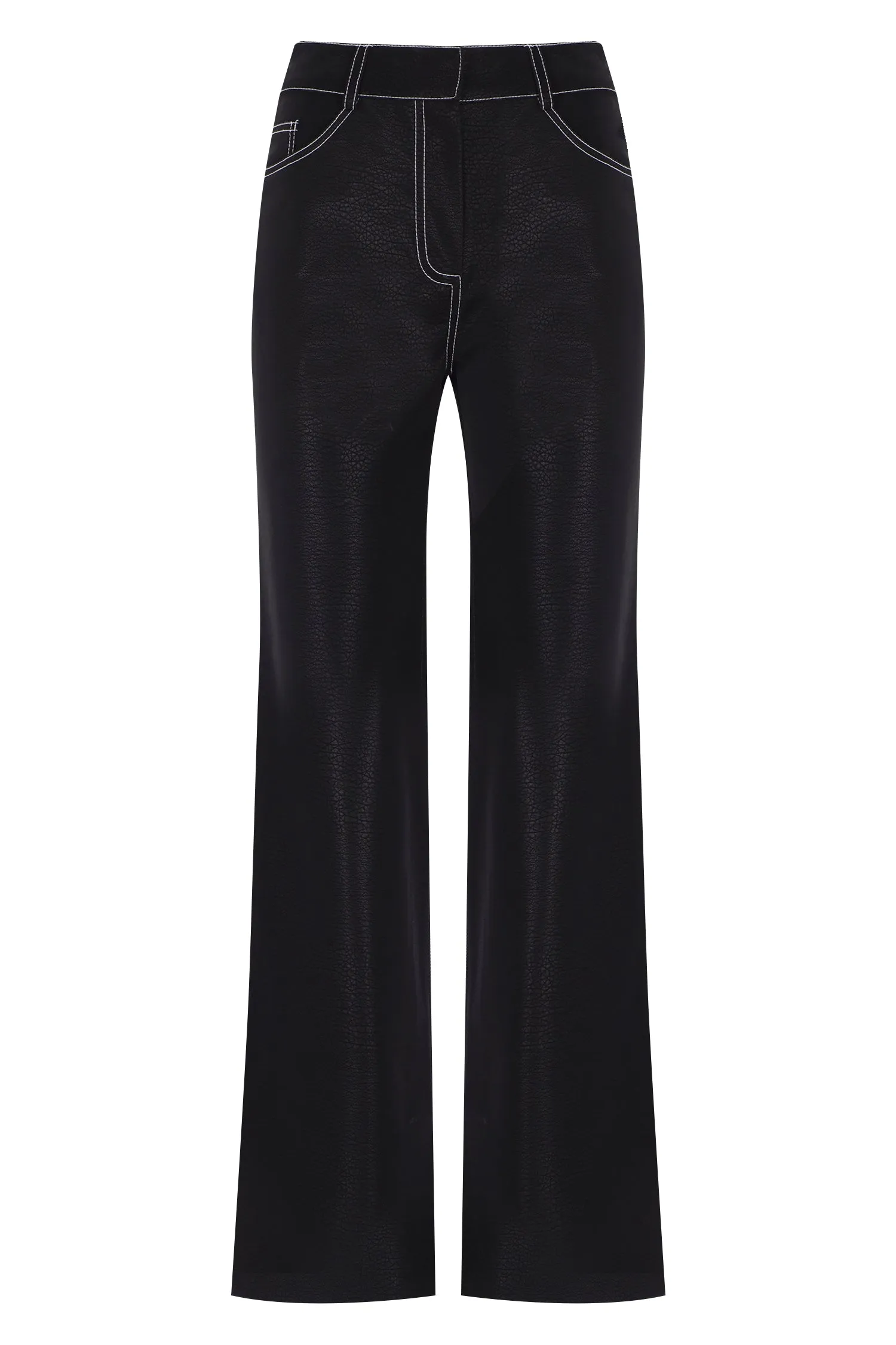 BLACK PATTERNED VEGAN LEATHER STITCH DETAILED PANT WITH SLIT DETAILED