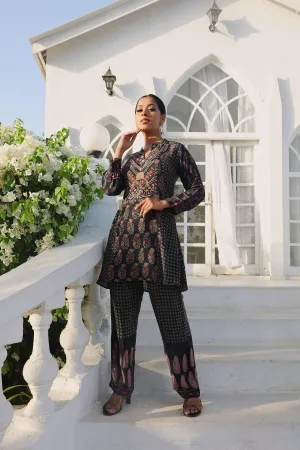 Black Printed Tunic Set With Embellishment