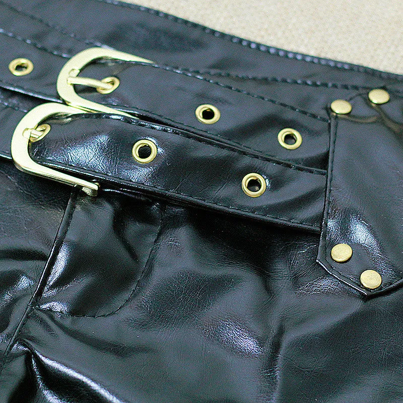 Black PU Buckles Low Waist Women's Shorts
