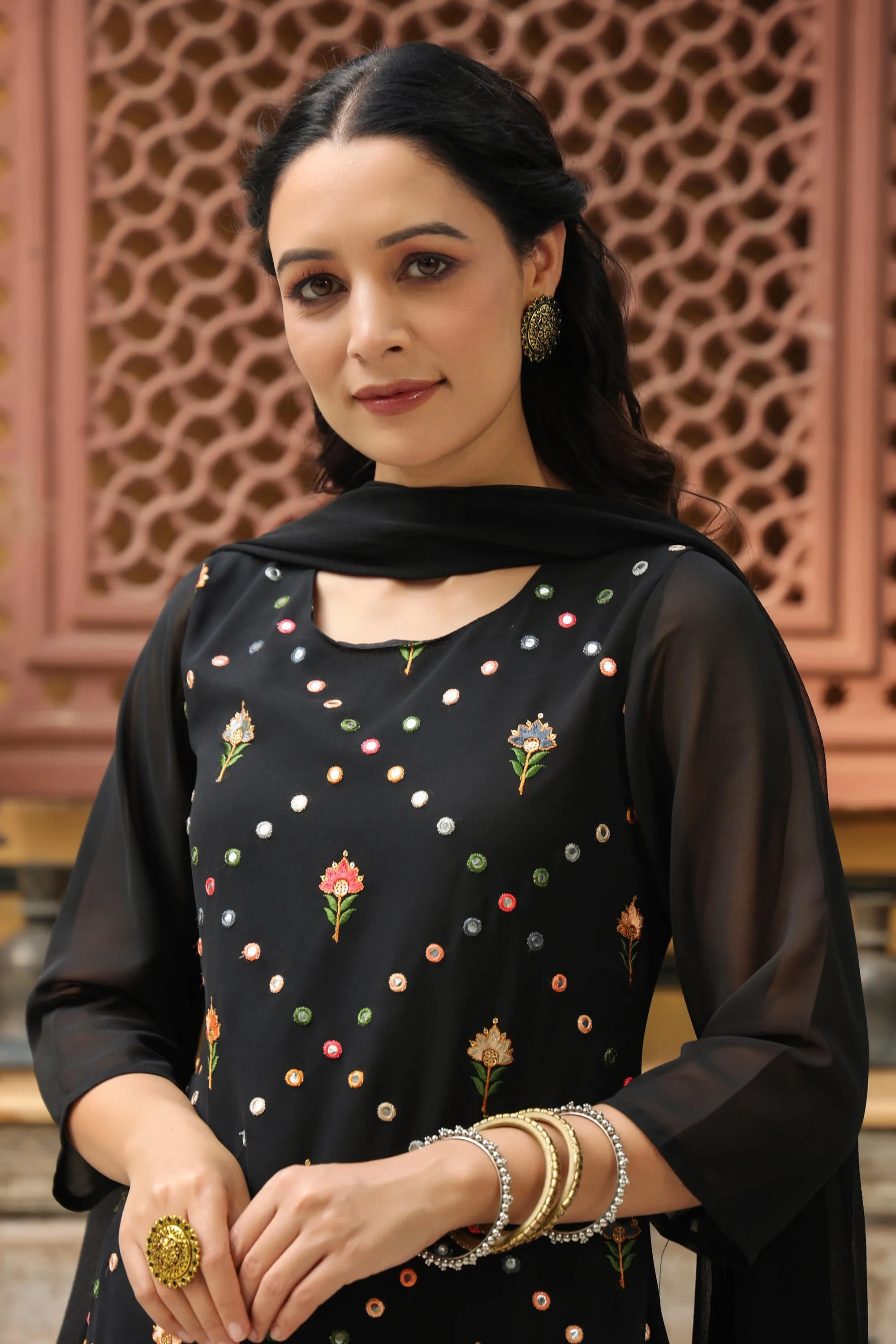 Black Soild Georgette Tunic Sharara & Dupatta With With Thread & Mirror Work