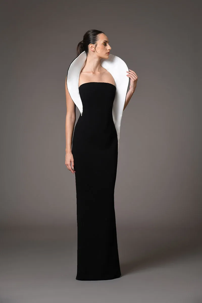 Black tailored silk crêpe dress with white structured collar