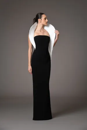 Black tailored silk crêpe dress with white structured collar