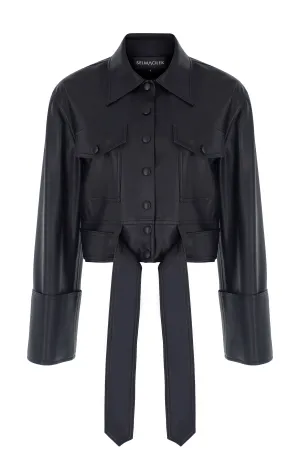 BLACK VEGAN-LEATHER BELT-DETAILED JACKET