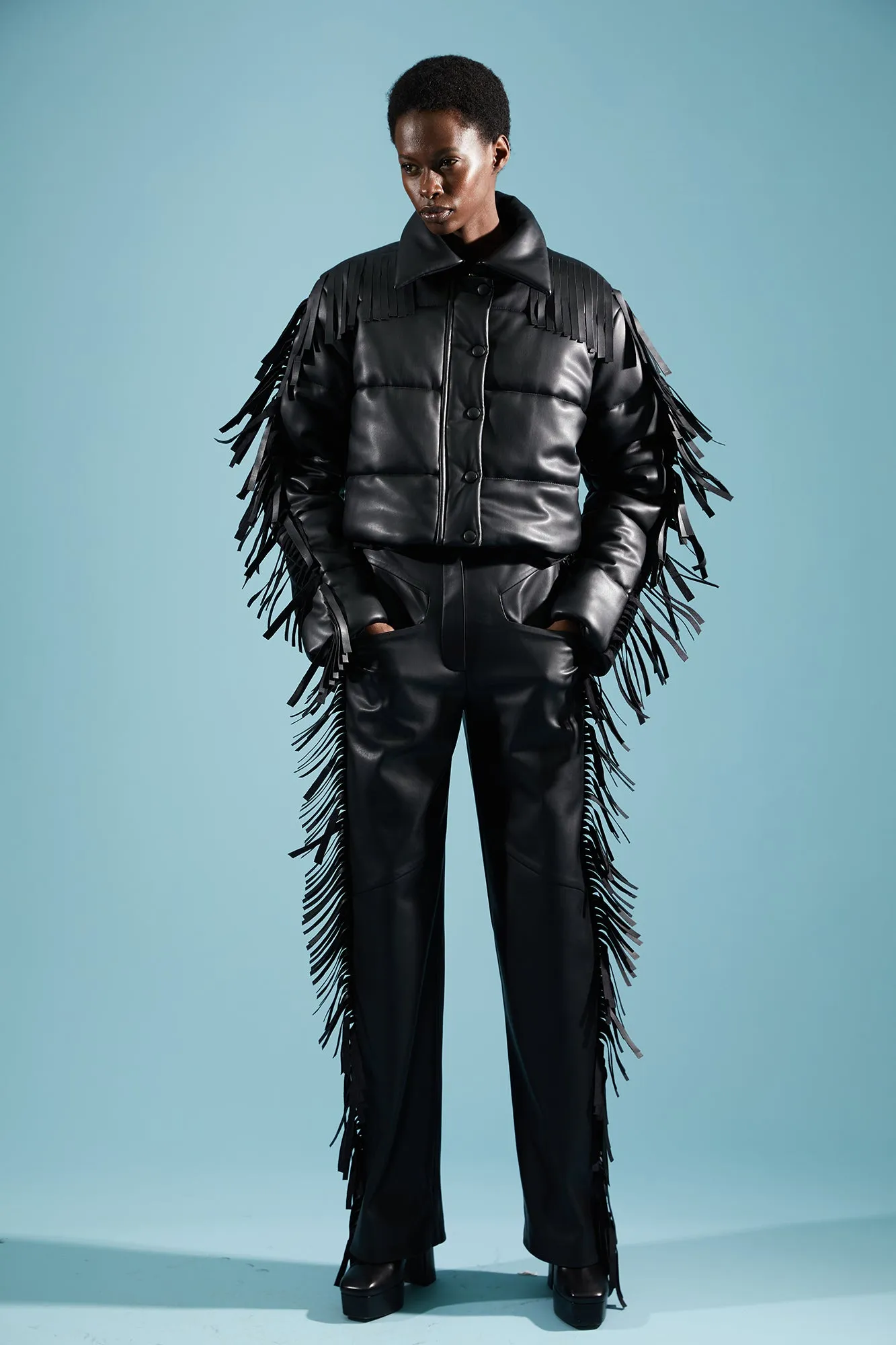 BLACK VEGAN LEATHER FRINGE DETAILED PANT