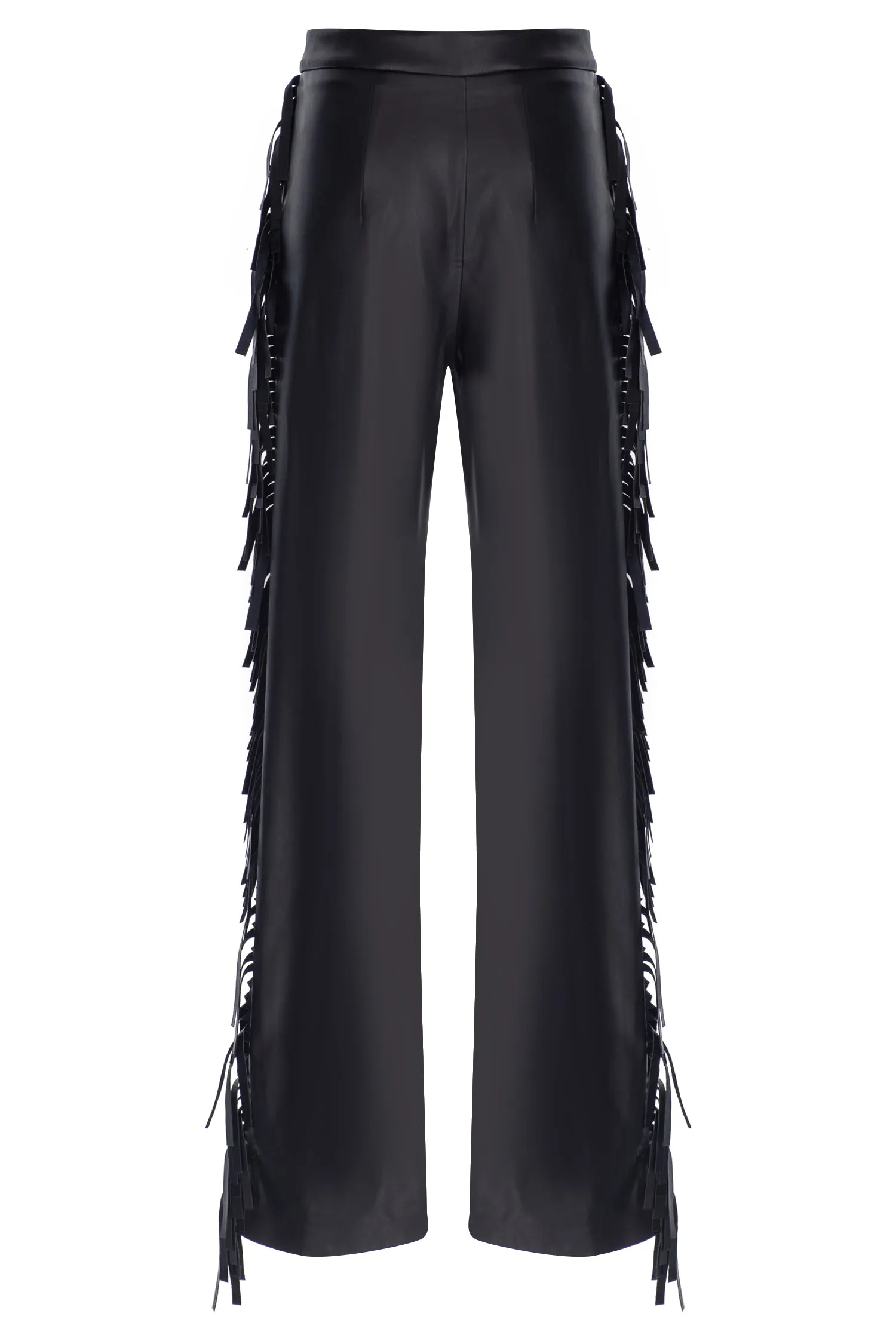 BLACK VEGAN LEATHER FRINGE DETAILED PANT