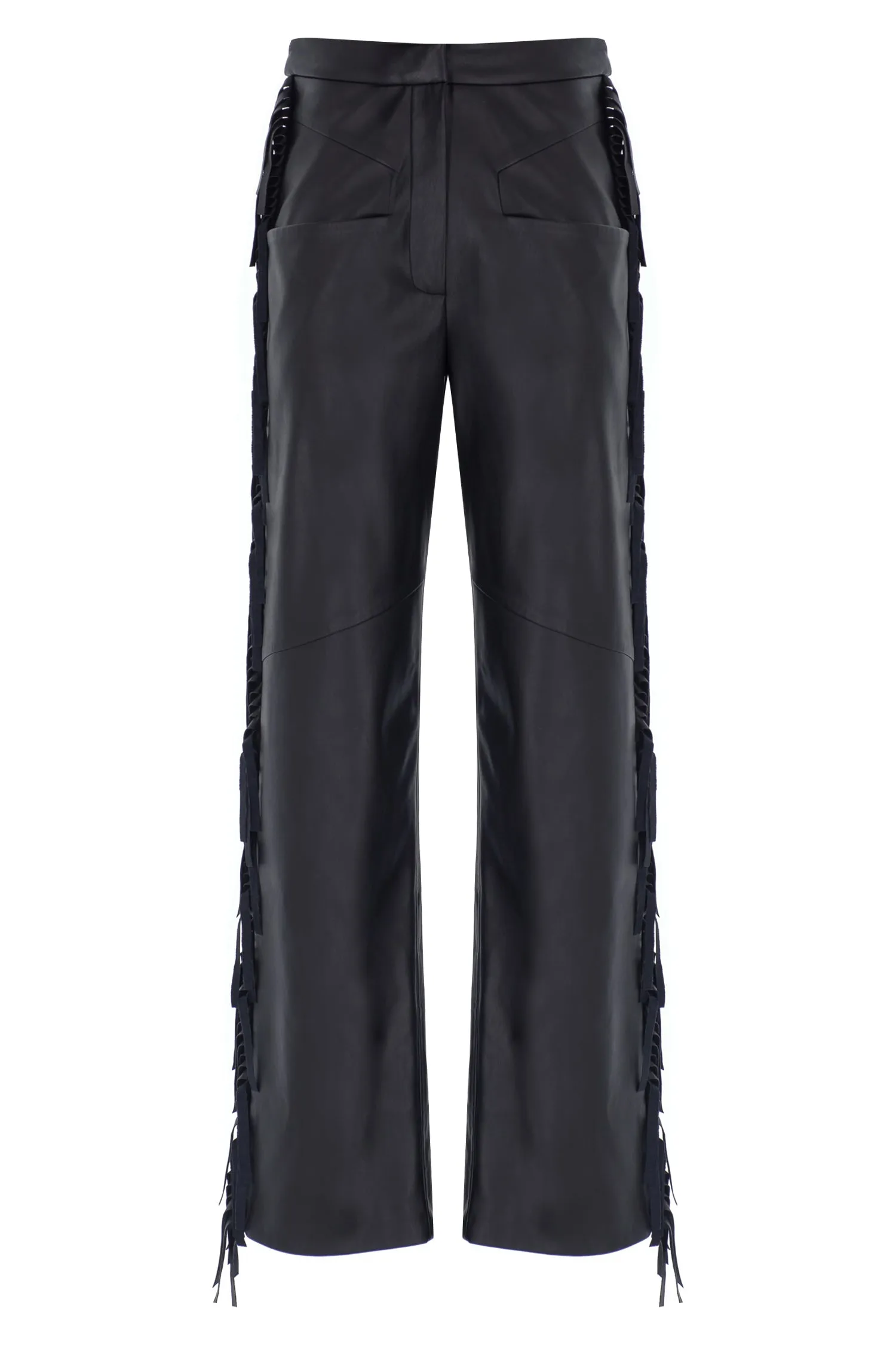 BLACK VEGAN LEATHER FRINGE DETAILED PANT
