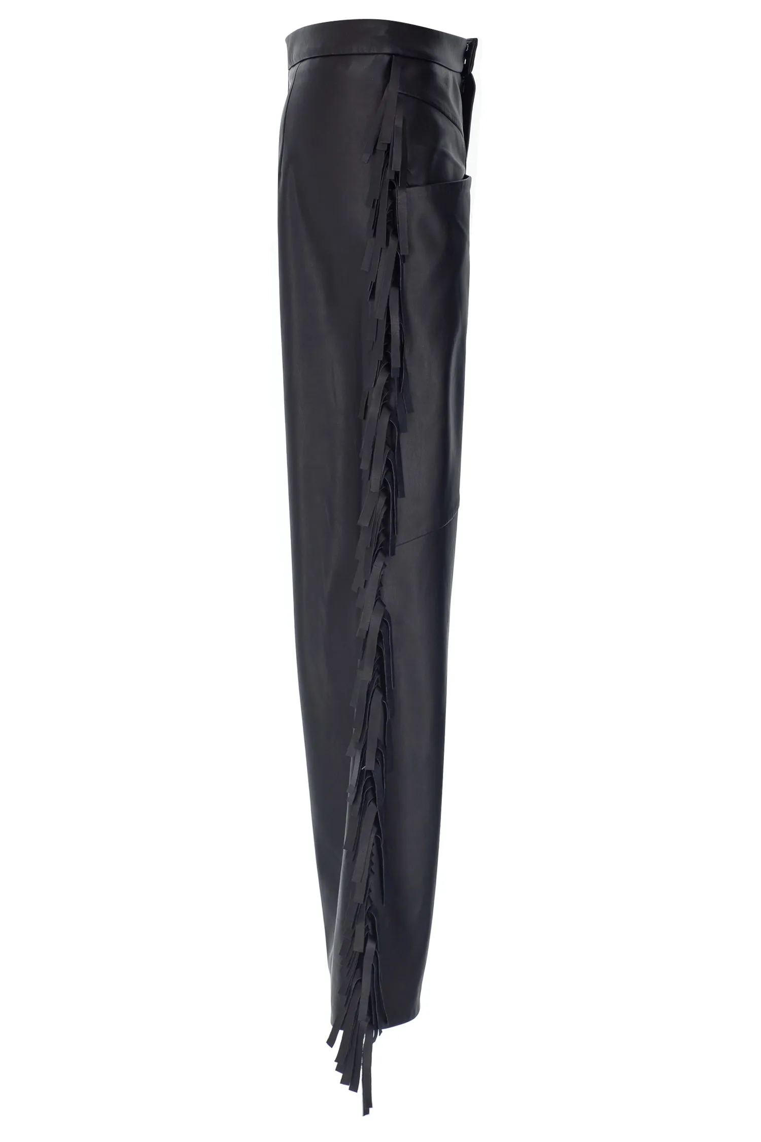 BLACK VEGAN LEATHER FRINGE DETAILED PANT