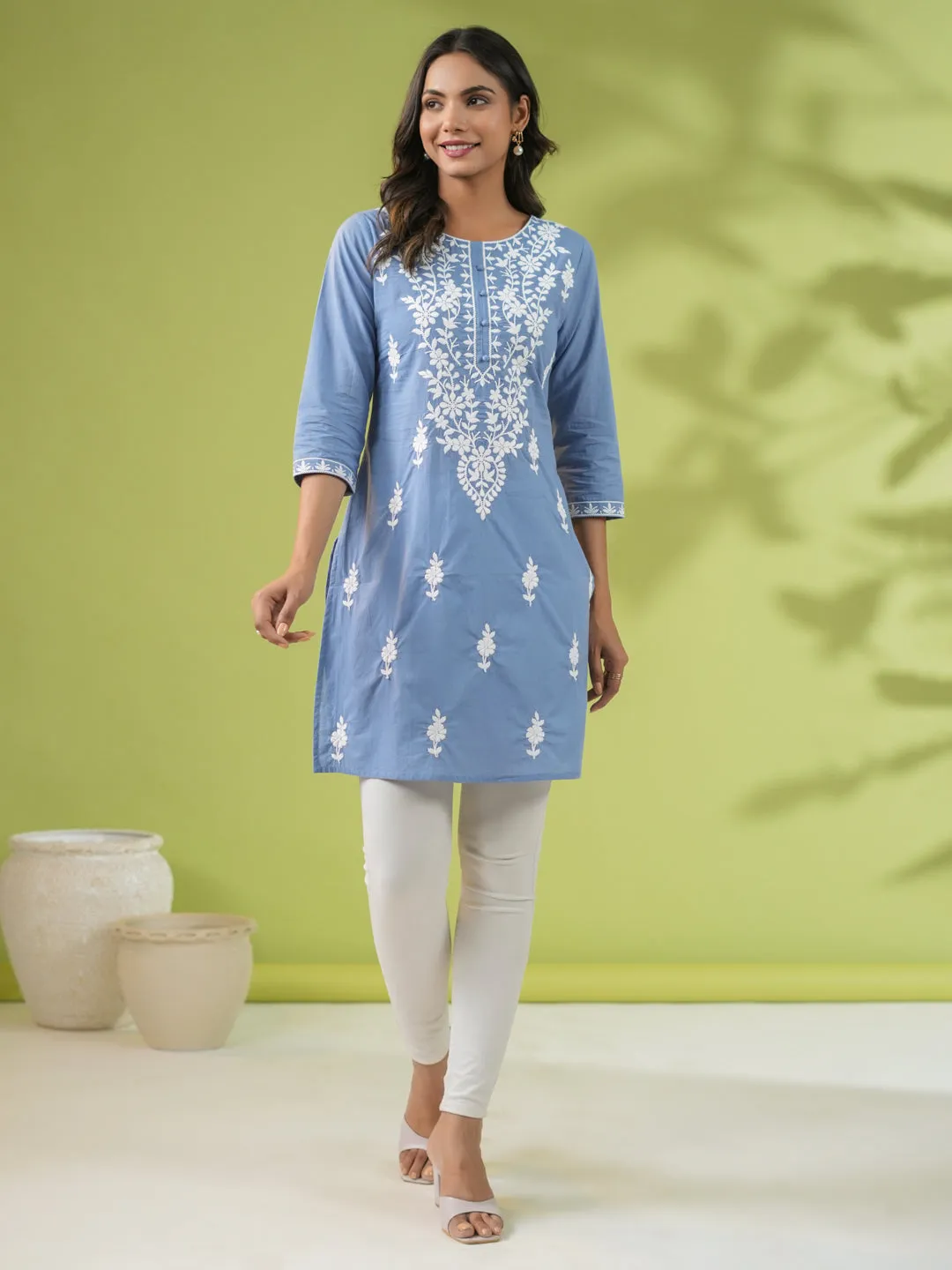 Blue Cotton Embroidered Tunic  - By Janasya