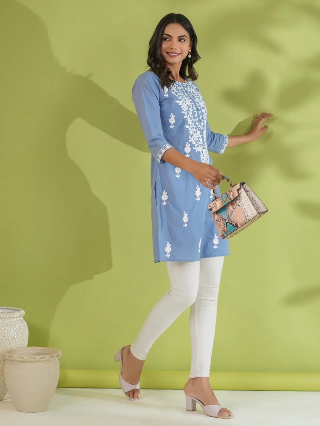 Blue Cotton Embroidered Tunic  - By Janasya