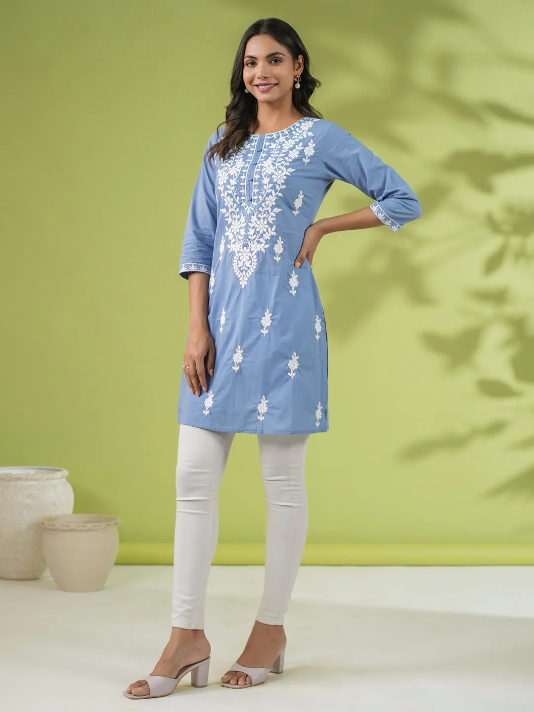 Blue Cotton Embroidered Tunic  - By Janasya