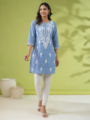 Blue Cotton Embroidered Tunic  - By Janasya