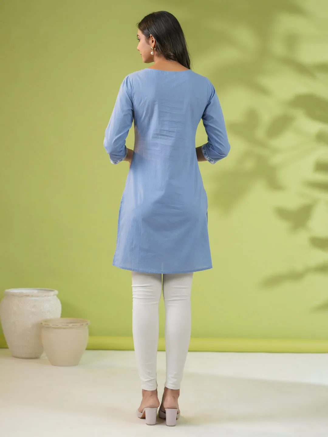 Blue Cotton Embroidered Tunic  - By Janasya