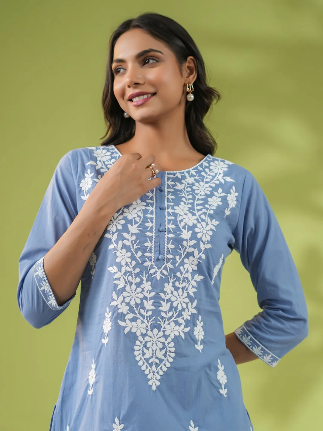 Blue Cotton Embroidered Tunic  - By Janasya