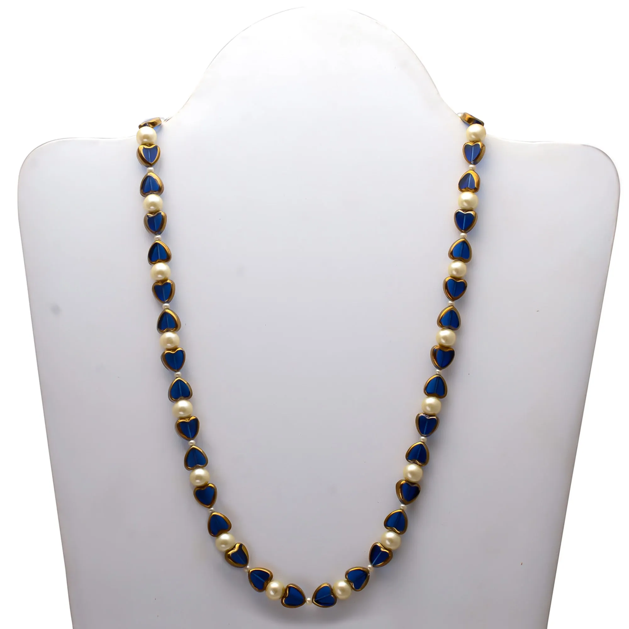 Blue Heart Stones With Pearl Mala
