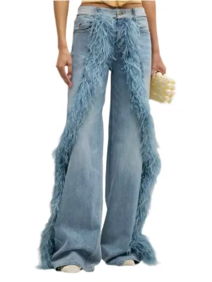 Blue jeans washed and feathers straight pants