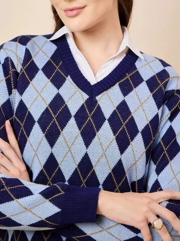 Blue Pure Wool Winter Pullover Sweater