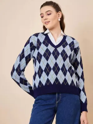 Blue Pure Wool Winter Pullover Sweater