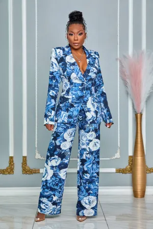BLUE ROSES PRINT BLAZER AND PANTS SUIT (BLUE MULTI)