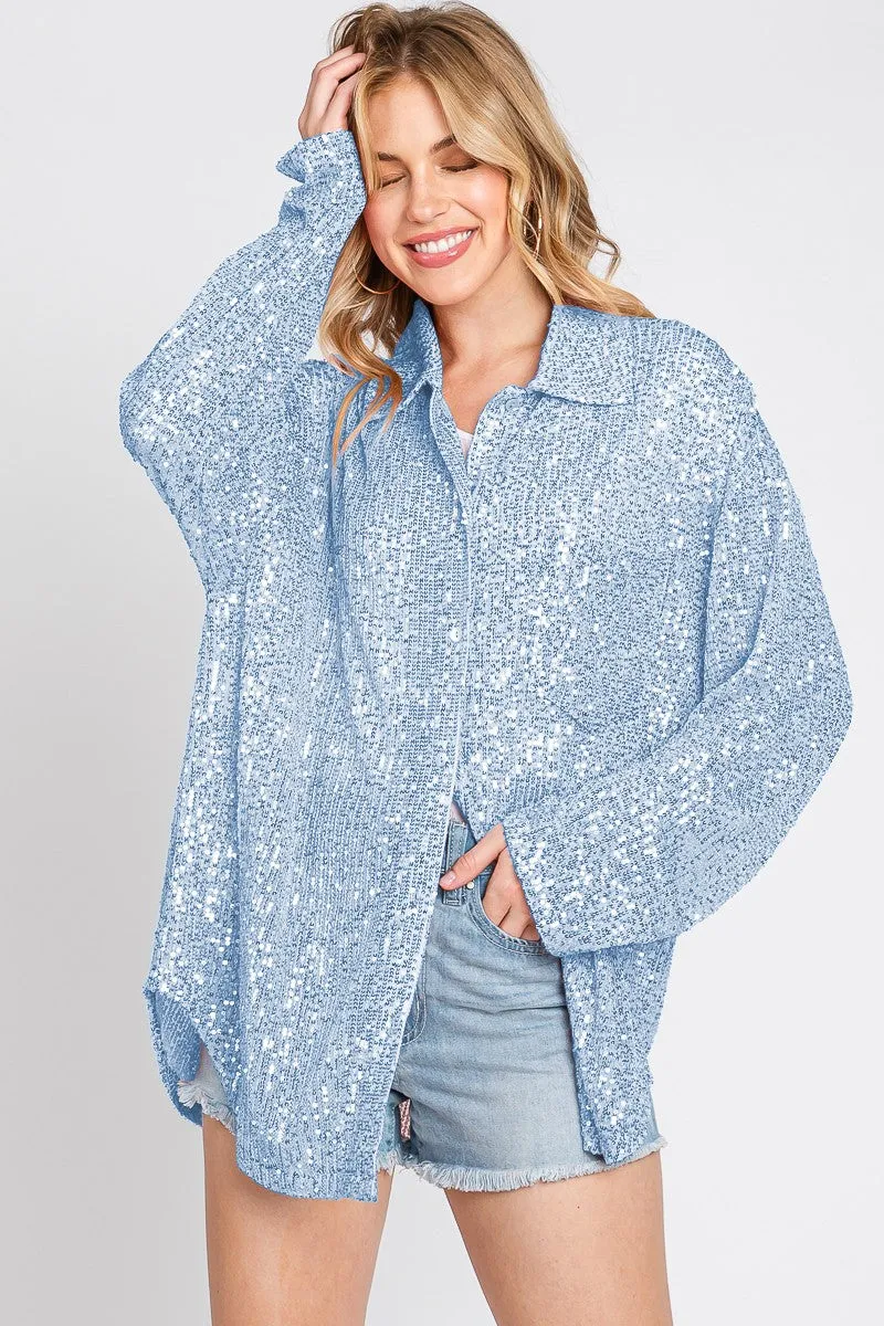 Blue Sequin Button Down Shirt