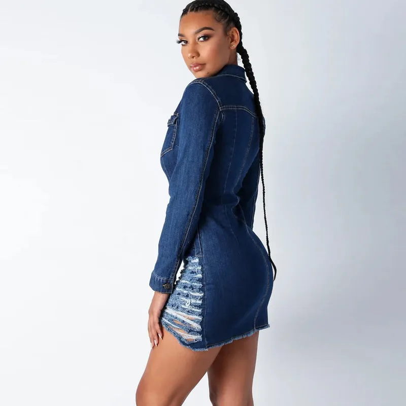 Bodycon Long Sleeve Button Slim Denim Dress