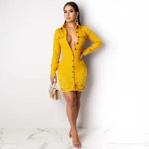 Bodycon Long Sleeve Button Slim Denim Dress