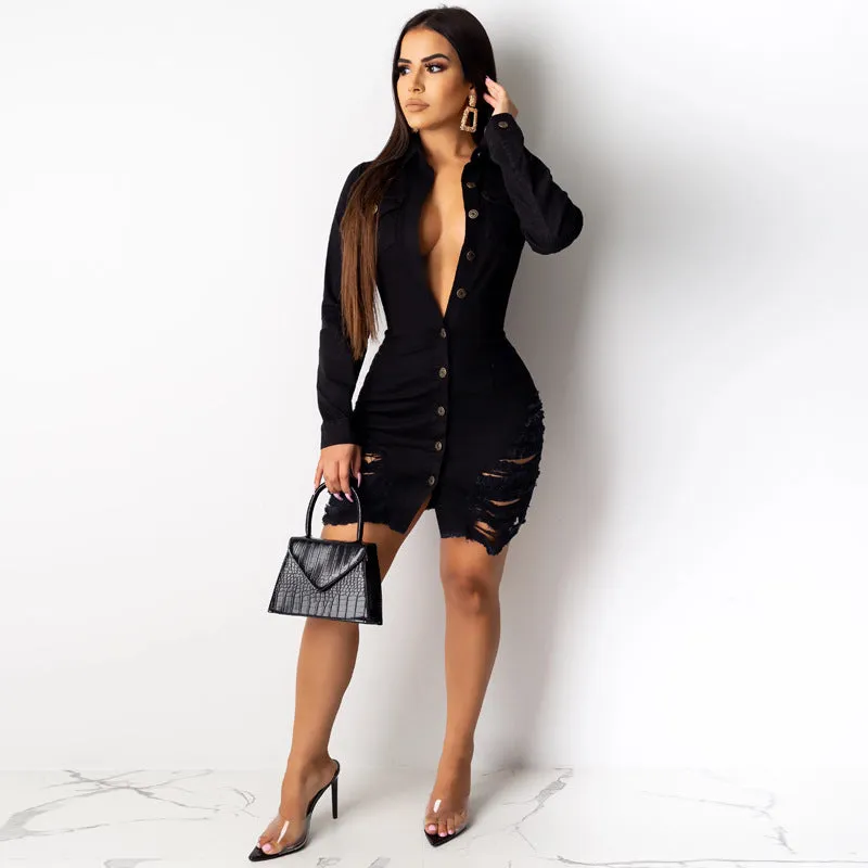 Bodycon Long Sleeve Button Slim Denim Dress