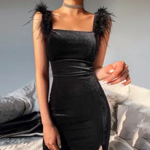 Bodycon Split Empire Waist Fur Midi Dress