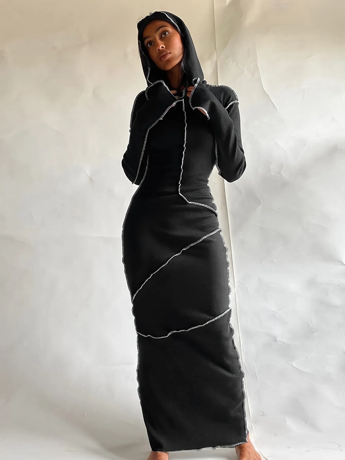 Bohemian Hooded Maxi Dress with Contrast Stitch