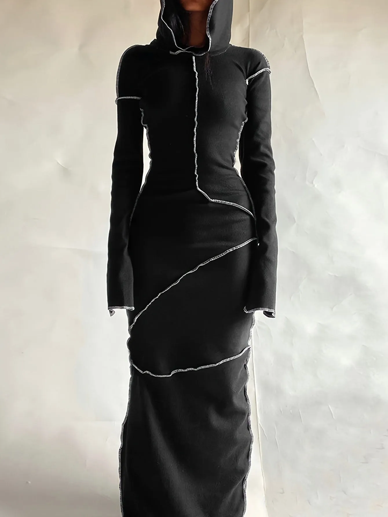 Bohemian Hooded Maxi Dress with Contrast Stitch