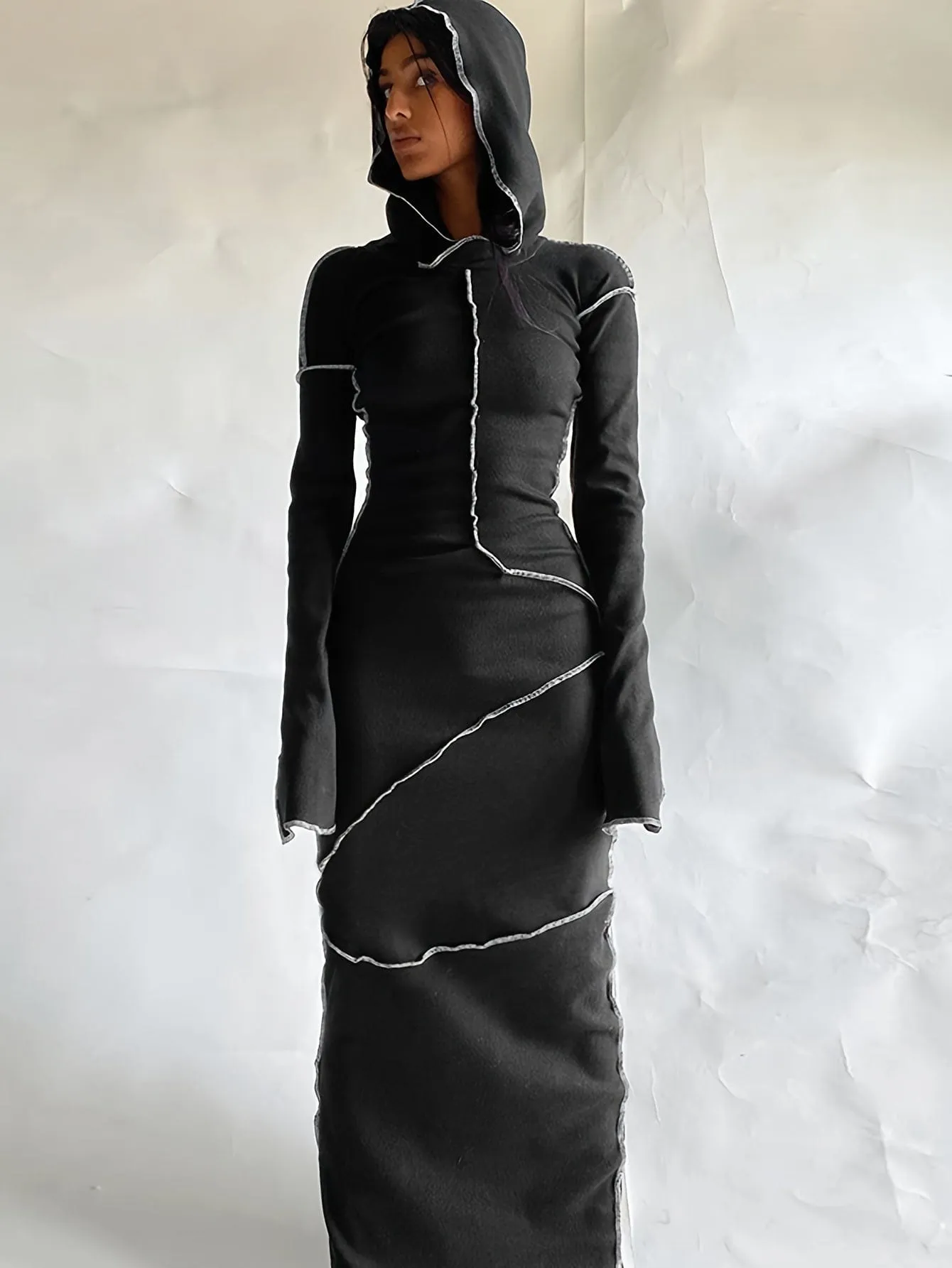 Bohemian Hooded Maxi Dress with Contrast Stitch