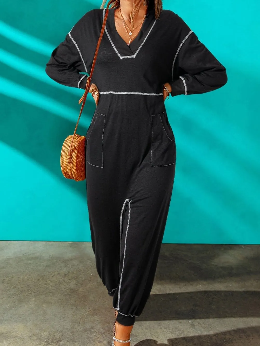 Bohemian Hooded Maxi Dress with Contrast Stitch