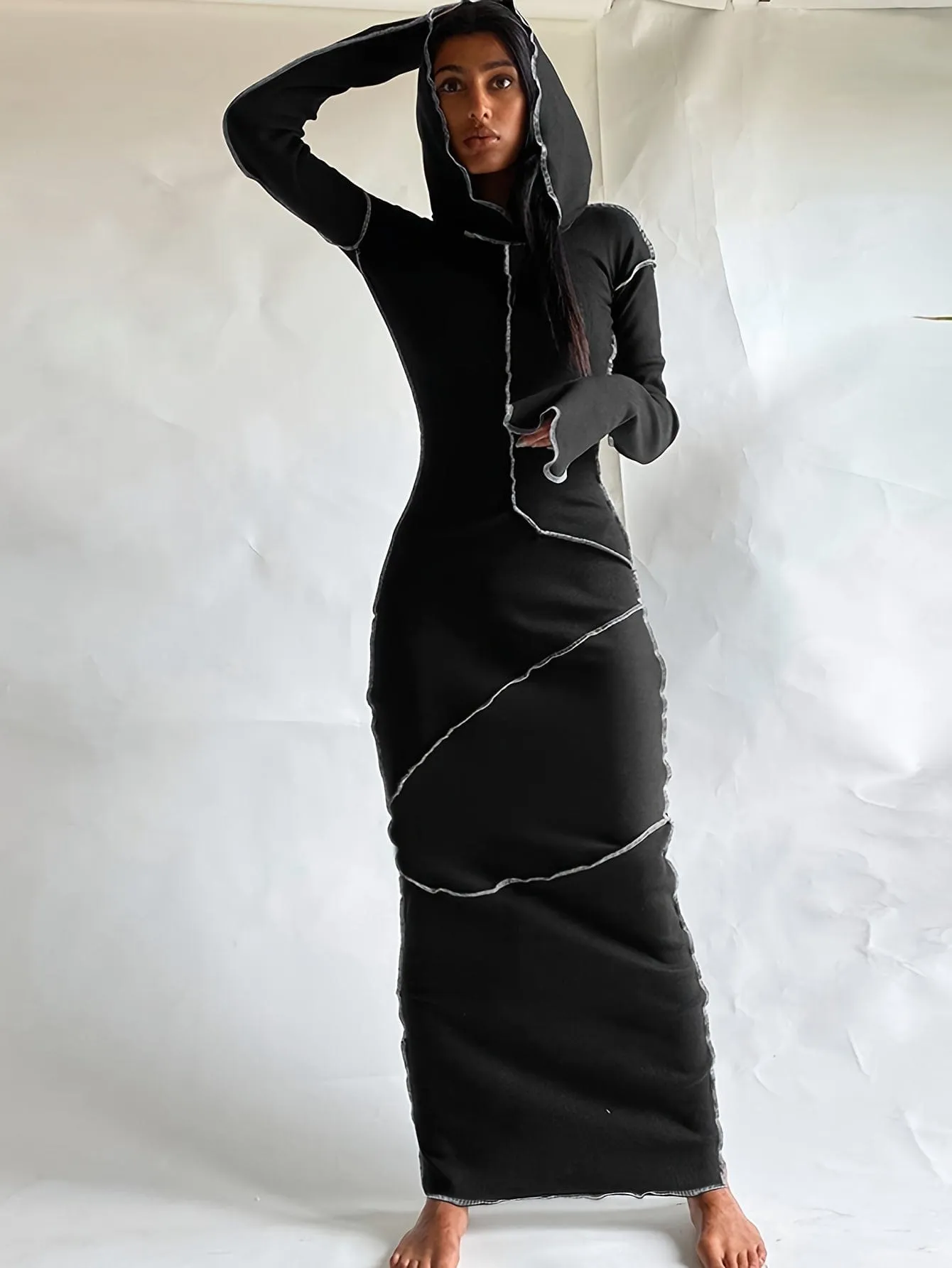 Bohemian Hooded Maxi Dress with Contrast Stitch