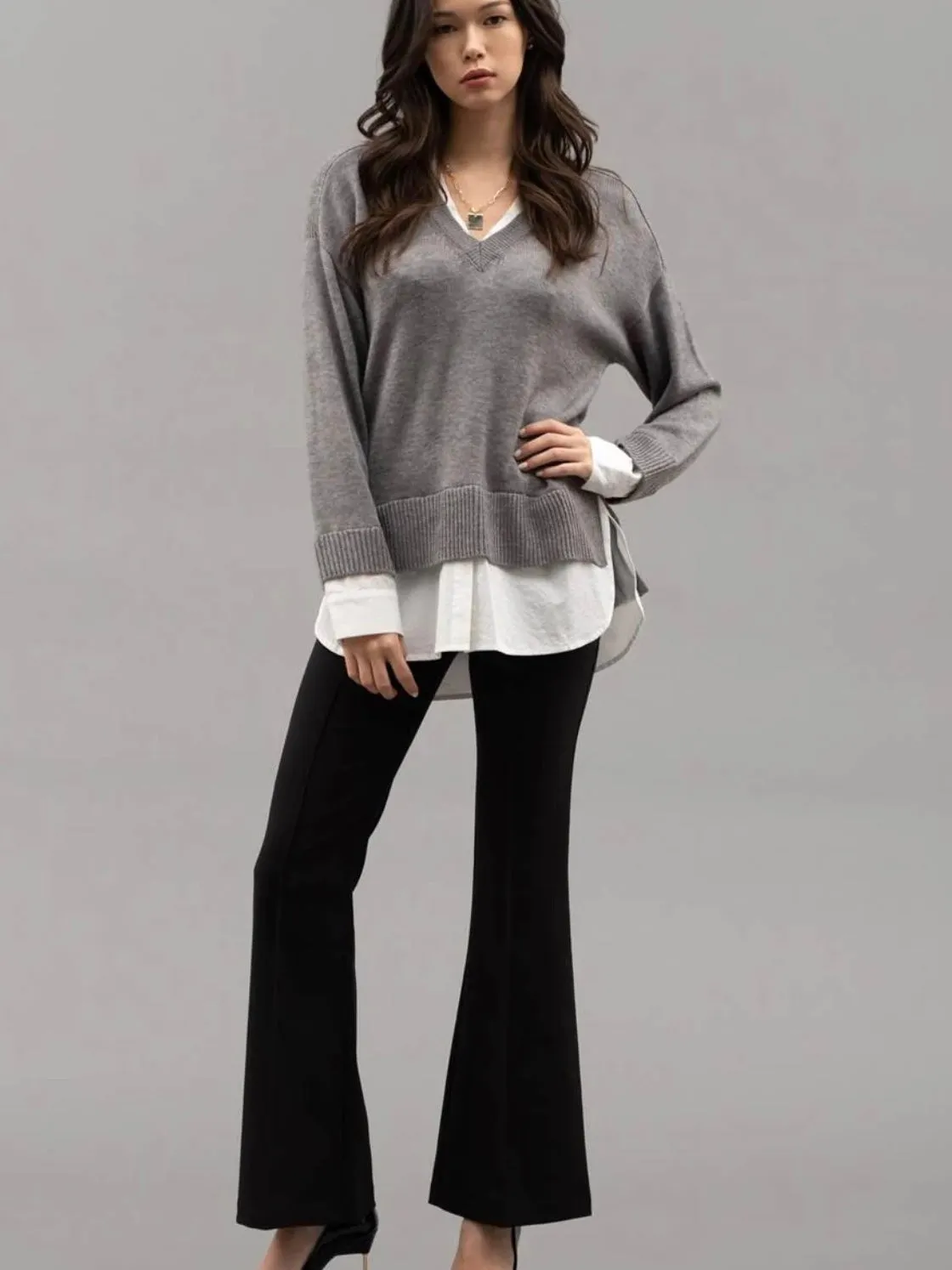 Bridget Layered V Neck Long Sleeve Sweater - Grey