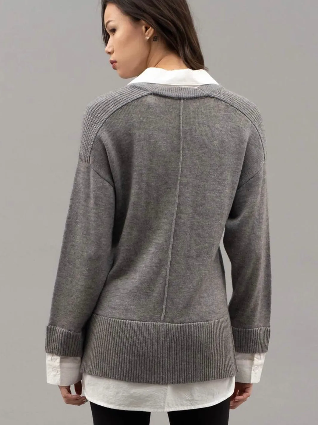 Bridget Layered V Neck Long Sleeve Sweater - Grey